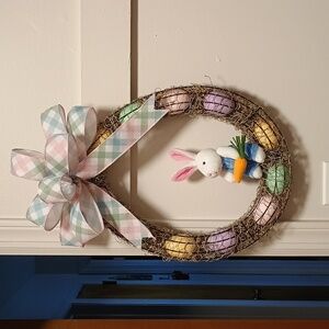 Handmade Easter Bunny Egg Wreath with Pastel Eggs and Bow